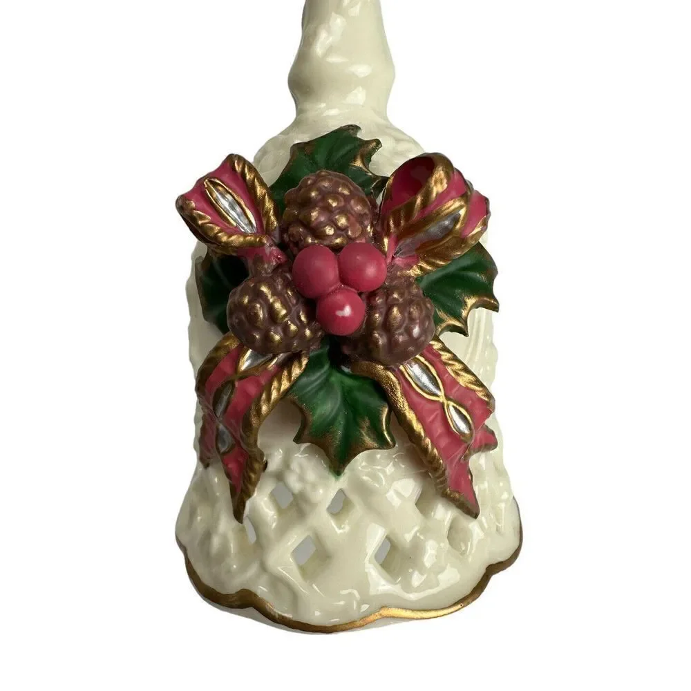 Vintage Beautiful White Ceramic Christmas Bell With Acorns and Holly
